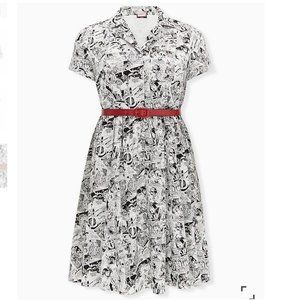 TORRID - MARVEL COMIC PRINT BLACK & WHITE BELTED SWING DRESS